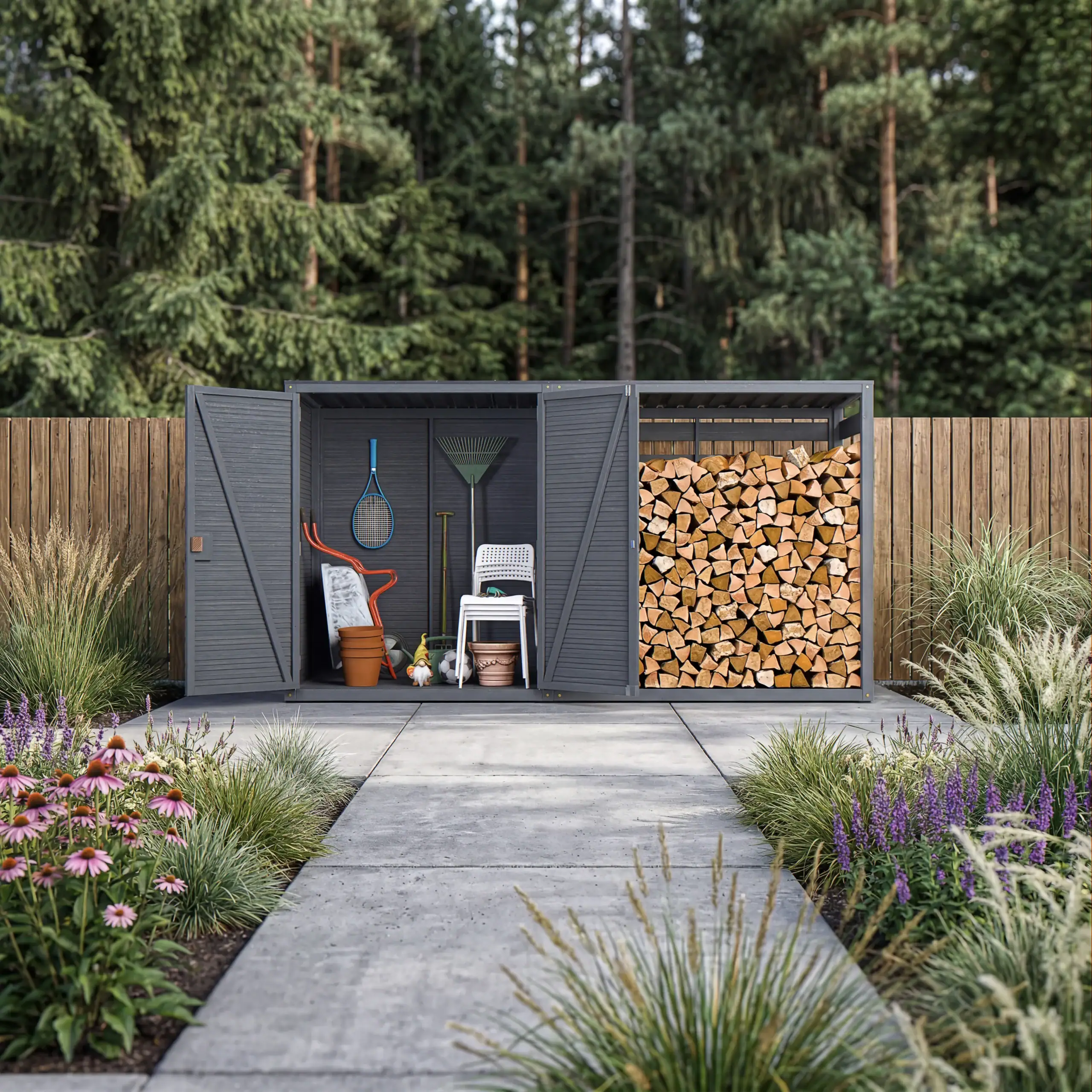 Nowoczesny szary domek ogrodowy z drewutnią na drewno kominkowe, ustawiony przy drewnianym ogrodzeniu, otoczony zadbanym ogrodem z kwiatami i krzewami, praktyczny schowek na narzędzia ogrodowe i akcesoria.