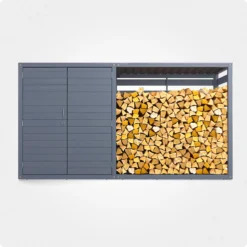 Nowoczesny domek ogrodowy ze schowkiem na narzędzia i miejscem na drewno opałowe